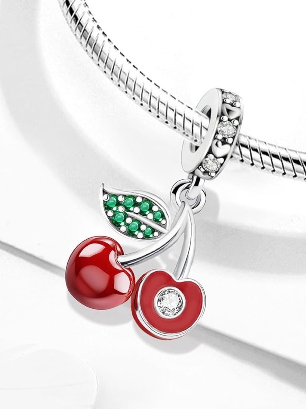 🍒 Sterling Silver Red Cherry Dangle Charm Green Leaf CZ
